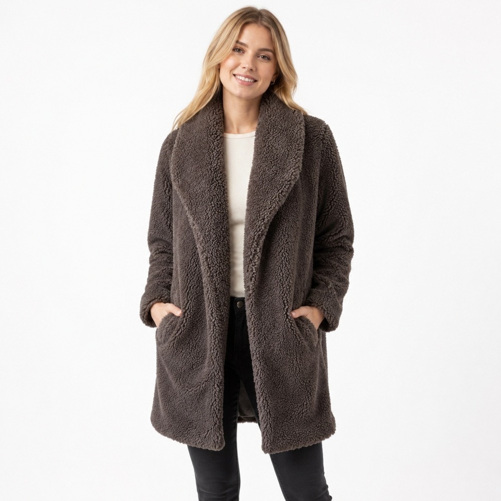 NOLI Teddy Coat Sherpa Faux Fur Womens Brown S Oversized Shawl Collar